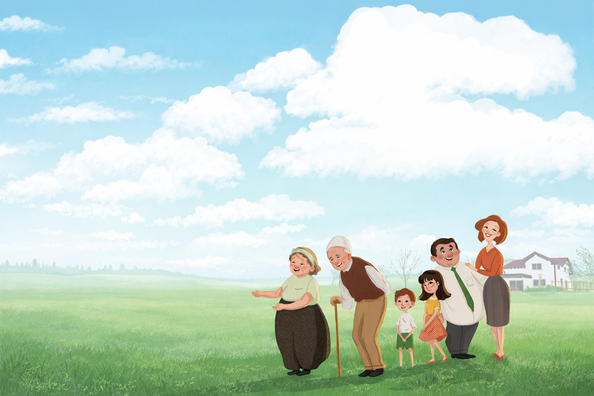 Illustration aus dem Kinderbuch: Großeltern begrüßen ihre Familie